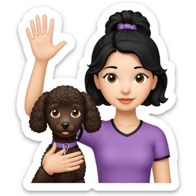 Ponytail black hair girl with brown Poodle say goodbye  sticker