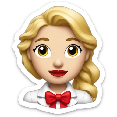 una cabeza de una chica rubia con el pelo largo apoyada sobre sus brazos con blusa de manga larga de color rojo al estilo de mr. monopoly sticker