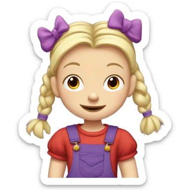 A little blonde girl with pigtails and little purple bows wearing a red long sleeved shirt and purple overalls, rugrats sticker