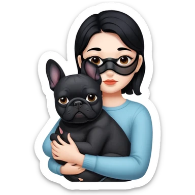 girl with short black straight band hair wearing a mask and hugging a black French bulldog sticker