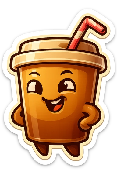 Tall coffee cup, amused, giggling, mischievous, drinking coffee with straw, looking sideways sticker