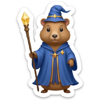 A mythical Queen Capybara wearing a wizard robe and a wand sticker