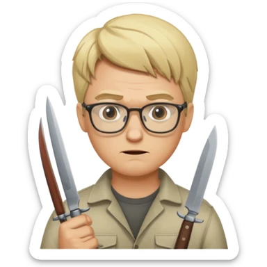 blonde man with glasses and knives sticker