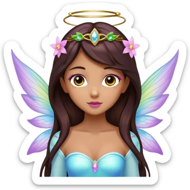 Earthreal sparkly angelic mystical magical shiny pretty Fairy. Dark Brown eyes, Caramel skin, Long dark brown hair. White, hot pink and light blue and lavender, light green, light yellow fairy wings. Tattoos sticker