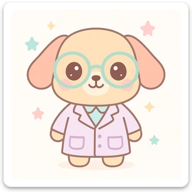 kawaii style scientist dog, wearing a lab coat and big glasses, pastel background sticker
