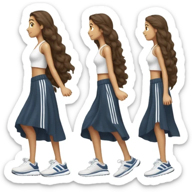 girl with long brown hair and long flowy maxi skirt and sneakers with adidas stripes, from profile,  lifting one leg backward in the air like she is striking a pose. full body sticker