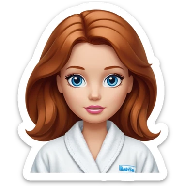 Barbie's face eyes blue with shoulder-length reddish-brown hair, makeup, cream smeared on her face , in a bathrobe with sticker