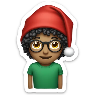 Unisex person ’light skin’ ’short curly dark green hair’ in a ’red Santa hat’ and black tshirt and round glasses  sticker