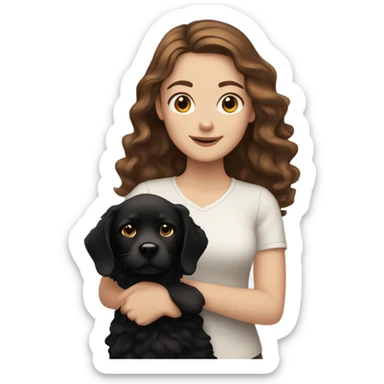 white girl with wavy brown hair holding black dog sticker
