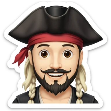 "- Nam
- 35 tuổi
- Da trắng
- Râu quai nón
-  Cướp biển caribe
- Cười tươi, đội mũ cướp biển màu đen sticker