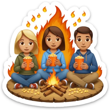 Born fire and people sitting beside born fire on chairs. Born fire is in the centre. People should be eating peanuts and popcorn. sticker