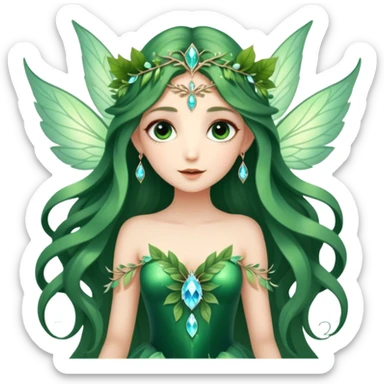 CGI, ultra detailed Forest fairy with long flowing hair, large shinning eyes, and beautiful jewel like luminescent wings. She is wearing a gorgeous gown of leaves sticker