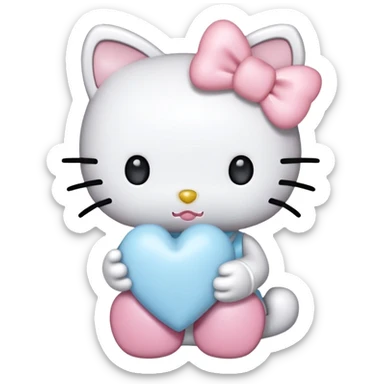 Hello kitty with a light pink bow holding a light blue heart sticker