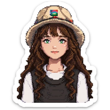 girl with long wavy brown hair wearing a hat pixel art sticker