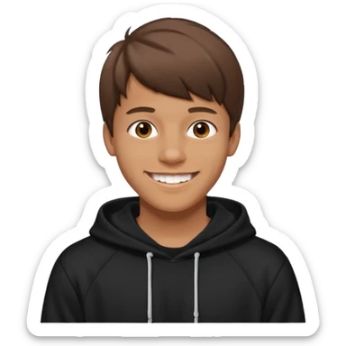 20 yr old man, brown hair, straight, big smile, white teeth, tanned skin, bangs, black hooded sweatshirt sticker