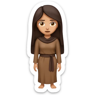 Cartoon emoji of a Middle Eastern-looking woman with long, loose dark hair, wearing chocolate-colored clothes. Full-height, standing, nervous, unsure, worried expression. Slightly hunched, anxious posture. Smooth, simple, stylized. sticker