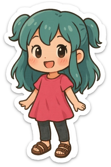 cute chibi style girl with teal hair, wearing a hot pink dress, black jeans, and brown birkenstocks sticker