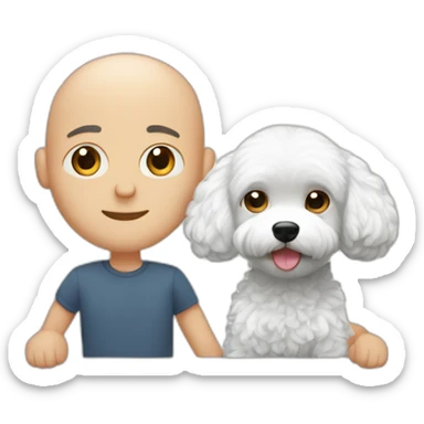 A bald man and long haired couple holding white maltipoo sticker
