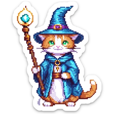 a wizard cat with a magic staff, pixel art style sticker