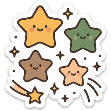 A  collection of cute, glowing stars floating gently in a soft, dreamy sky. The stars vary in size and are designed in a warm and whimsical color palette: golden orange (FA9B41), deep forest green (4A7C5C), muted taupe brown (96775A), and pastel peach (FFCC9A). Each star has a soft, rounded shape with tiny smiles or sparkles on their surfaces, giving them a friendly, magical look. Some are twinkling, while others leave gentle trails of light in peach and gold. The background is softly lit, creating a cozy, enchanted atmosphere like a bedtime story illustration. sticker