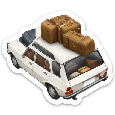 a white peugeot 504 break car with luggage on the roof sticker