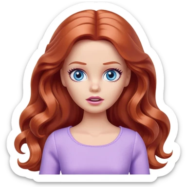 Barbie girl Chestnut-red long wavy hair and blue eyes is In pale purple clothes a Feels terrified sticker