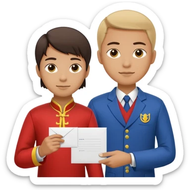 a university student with T-shirt handing letter to a official with chinese tunic suit sticker