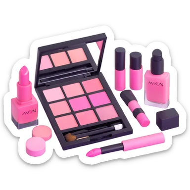 Pink AVON makeup set with pink lipstick, pink blush, and pink eyeshadow palette sticker