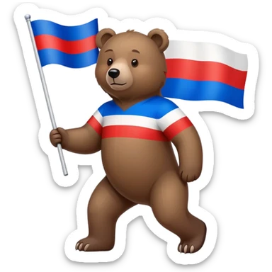 Brown bear on four legs with Russian tricolor flag (white, blue, red horizontal stripes) on its back, minimalist design sticker