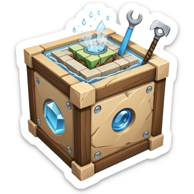 crafting table with tools, stone, wood, glass, sand, steam, water... like a minecraft style cube crafting table 100% like a minecraft table crafting, with on the right, left, a glass showing crafting merging between stone and wood sticker
