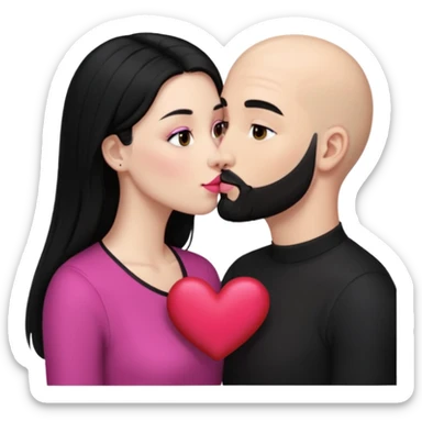 👩🏻‍❤️‍💋‍👨🏻 this one but the man should be bald. white woman with long black hair and white bald young man whoitiut hair and a heart between their heads. she has pink lips and both have brown eyes. he has e full beard but short. both wear black. they kiss slowly sticker