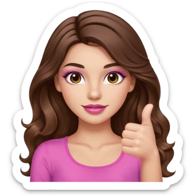 girl with long wavy brown hair, brown eyes, long lashes makeup, sexy pink lips, light to medium complexion, wearing a pink sexy top, thumbs up sticker