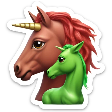 four-legged red unicorn a green amazon alien woman, on a unicorn sticker