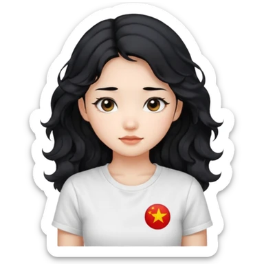 Cute beautiful girl,Black hair,wavy long hair, Black eyes, white T-shirt, Chinese  sticker