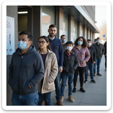 photo-realistic documentary style, multigenerational group in line outside a modern clinic, some masked, clear vaccination poster, urban setting, soft daylight, 4K resolution sticker