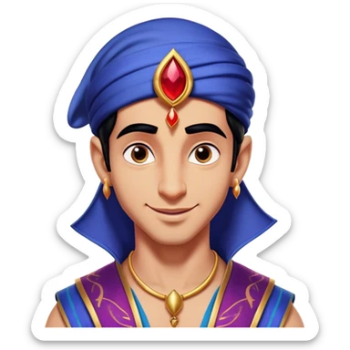 Cinematic Realistic Aladdin Portrait, head tilted playfully and inquisitively, showcasing his roguish charm and bright, mischievous eyes. His signature attire is rendered in exquisite detail with dynamic natural highlights, and a hint of magic sparkles about him—embodying a youthful, adventurous energy with friendly power. sticker
