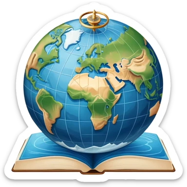 an icon featuring an earth with attitude and longitude lines, a textbook, and a topographic map, symbolizing geography as a science. The design includes a compass, mountain ranges, and rivers, representing the study of Earth's features and landscapes. Transparent background highlights geography. sticker