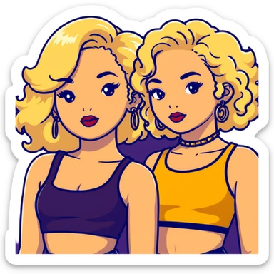 Two teenage girls together, one white with blonde hair and one brown-skinned with curly dark hair, both with heavy makeup, big lips, crop tops, gold jewelry and flashy choni style outfits sticker