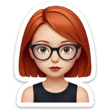 iPhone emoji of a girl with light red hair, shoulder-length hair, a small mole above her eyebrows, wearing a black sleeveless top, and subtle dark maroon cat-eye glasses, facing forward. sticker