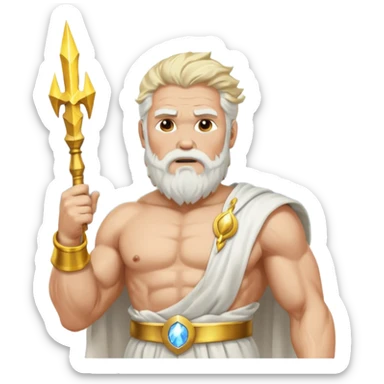 portrait of Zeus, muscular old man with white beard and hair, wearing white toga with gold trim, holding lightning bolt, standing on storm clouds sticker