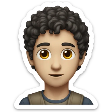 "A young man with dark curly hair, pale skin, and a thin build. He has a humble, thoughtful expression and wears simple, slightly worn clothing. A subtle Star of David appears nearby." sticker