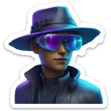 Secret human agent in a hat with  cyberpunk elements in Apple VR googles scanning looking reviewing multicolor lines of code, cyan and purple colors, only upper body portrait sticker