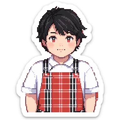 chubby boy with black hair styled upward in front, wearing a red and white checkered plaid apron sticker