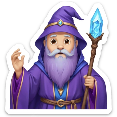 A wise old bear wizard with long beard casting a blue spell with wooden staff and purple flowing robes sticker