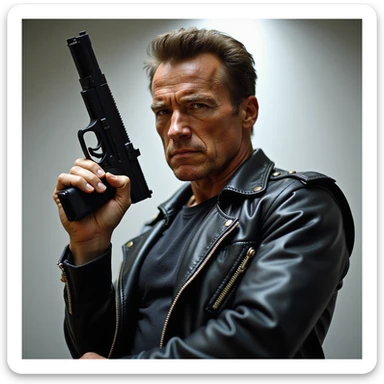 realistic style, Arnold Schwarzenegger as the Terminator, holding a raised gun, intense expression, detailed and lifelike sticker