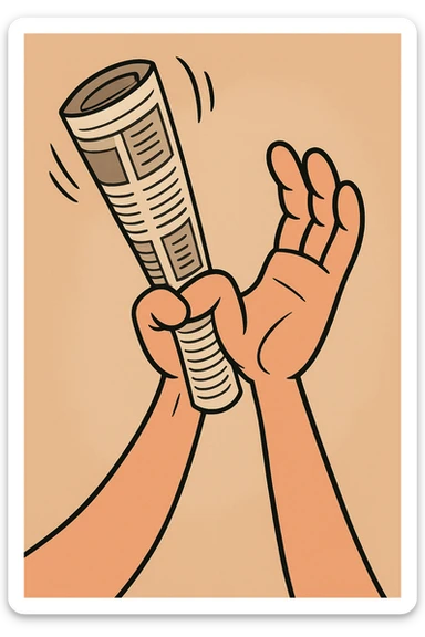 cartoon style hand holding a rolled up newspaper, raised in a playful, exaggerated pose as if ready to smack, no person or body visible, just the hand and newspaper sticker