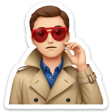 a suspicious looking fraudster in red sunglasses and a red trench coat who's hiding his face sticker