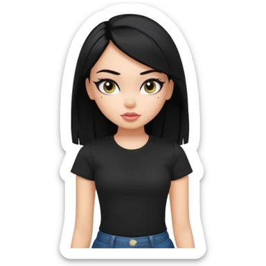 a pretty bratz girl with straight black hair wearing a black tshirt, eyeliner, side part. waist up sticker