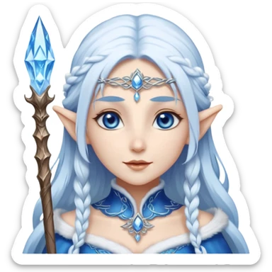 Legendary fantasy Christmas elf portrait icon, Santa Claus and Snow Maiden inspired, ancient winter spirit style, long flowing white-blue hair, glowing frost eyes, crystal staff, elegant elven features, divine winter magic aura, icy silver color palette, highly detailed but clean emoji icon sticker