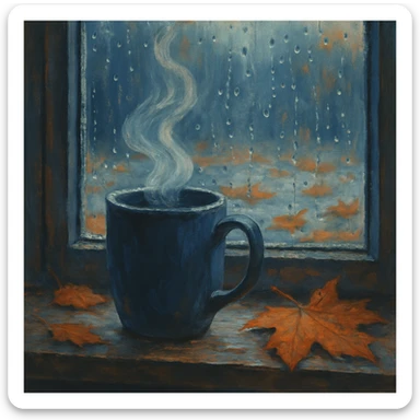 steaming mug on a windowsill, raindrops on the glass, and fallen autumn leaves outside, in cool autumn colors sticker